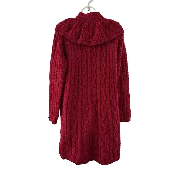 Aran Crafts Long Cardigan Sweater Womens L Red Wool Cable Knit Ireland Fisherman - Picture 4 of 16